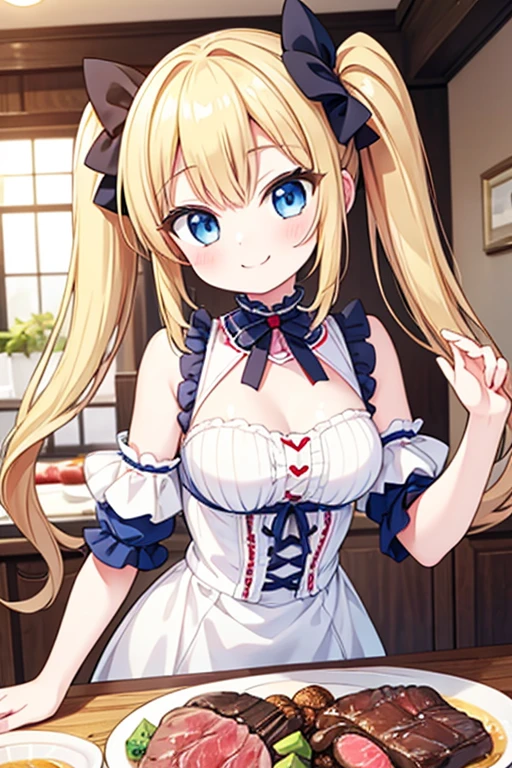 A happy smile,Large serving of beef steaks,large amount of steak,Highest quality,Blonde with blue eyes、****ta、Small breasts、Twin tails、girl&#39;enjoy,smile,bonnet,