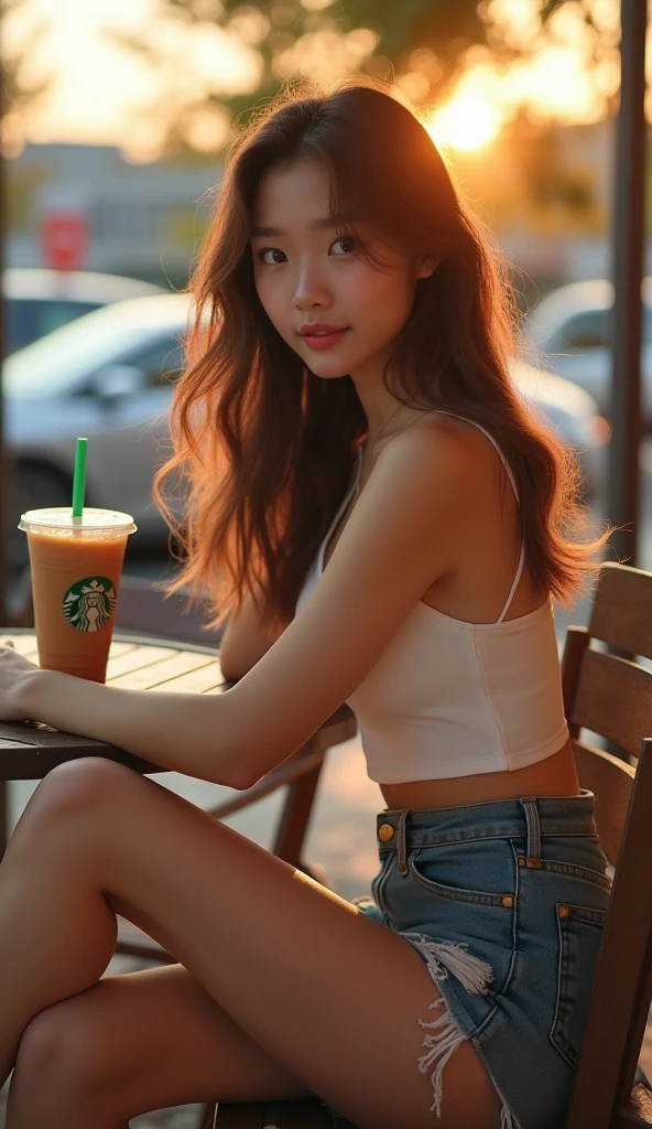 A candid and spontaneous photograph of a korean girl wearing white low cut crop top tanktop and ripped denim miniskirt, sitting crossleg, side view, on outdoor Starbucks coffee shop at golden moment, backlight sunset. She has long light brown wavy hair, sexy body and sexy legs, showing off her sexy thighs, slender sexy body, small breasts, blured backgorund, ultra realistic, hyper realistic, 8K, masterpiece, ultra sharp focus, highly detailed, dramatic lighting, cinematic color gradient. She's was not aware of being photographed, look aside, she's holding a cup of Starbucks caramel latte ice coffee, (depth of field)