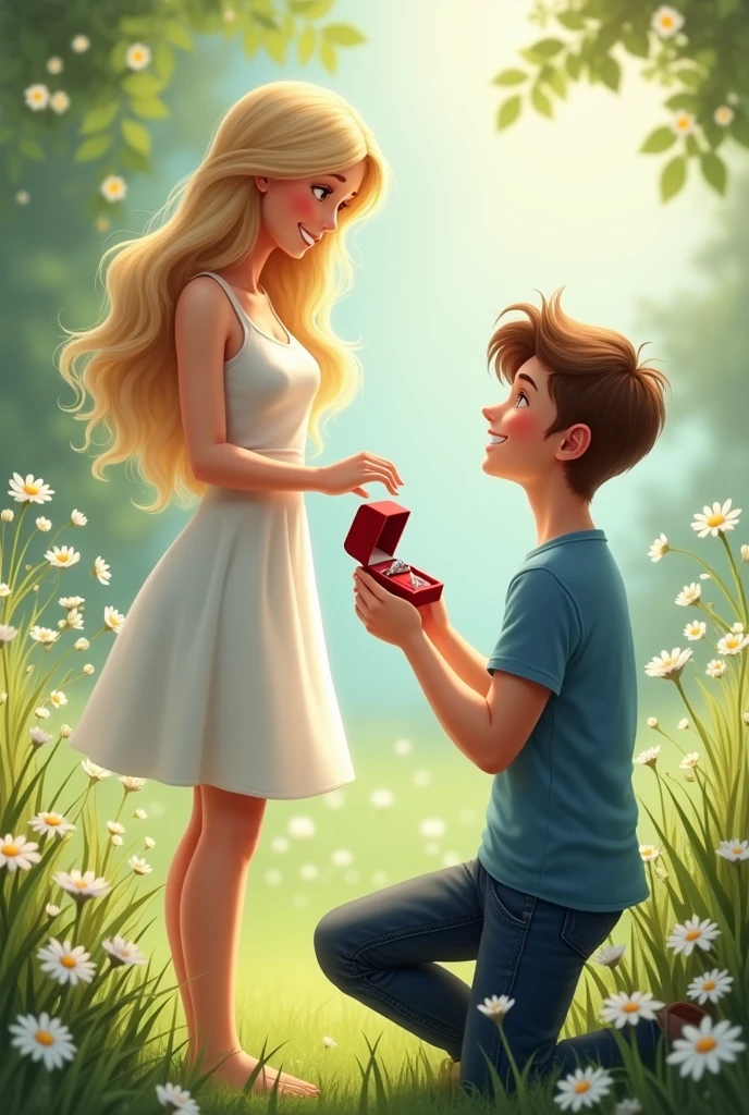 A beautiful young woman of twenty stands with an air of grace, her fair complexion and long, straight blonde hair accentuated by the white sleeveless dress she wears. The dress is knee length. Before her, a handsome young boy of twenty, kneels on one knee, offering a stunning diamond ring presented in a red ring box. He is proposing her . His face is clean shaved. His fair skin and dark brown hair contrast with his casual blue t-shirt and denim jeans. The surrounding scene is adorned with lush green grasses and delicate daisies, adding a romantic and serene backdrop to this heartfelt proposal.