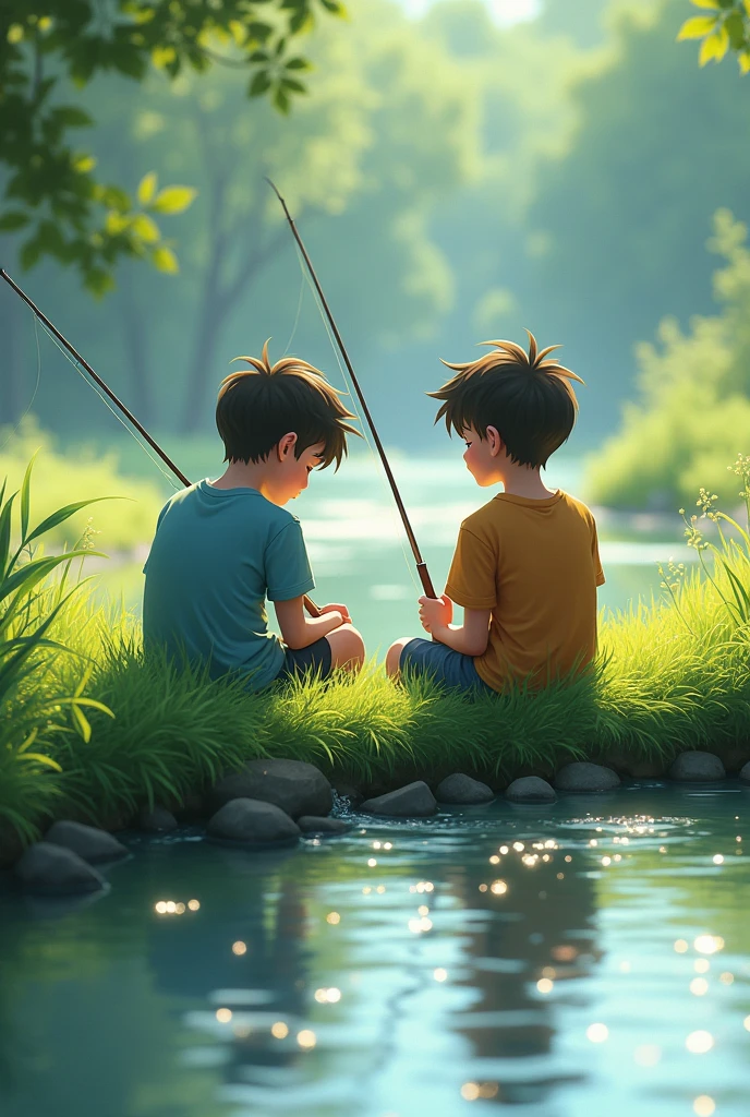 Two agers lying sleepily fishing, each one has a fishing rod, they are on the edge of a stream and are lying down. They are two boys of about . They are both sitting straight on the ground, on a lawn.