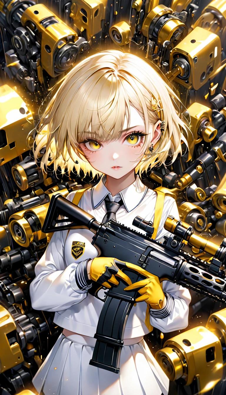 kawaii, cute boyish girl with very short messy boyish blonde hair, gold piercing gaze, glamorous proportions, wearing a white school uniform and gloves, holding a machine gun, background wide variety punks, (ultra detailed, absolutely resolution, best quality:1.3), 2.5D, delicate and dynamic effects, lighting effects, artistic, hyper, graphic CG digital art