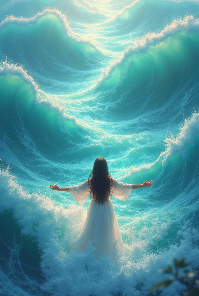 A big ocean with flowing colourful waves where a 20 years girl standing there with open arms and feeling calm and relax in a landscape mood