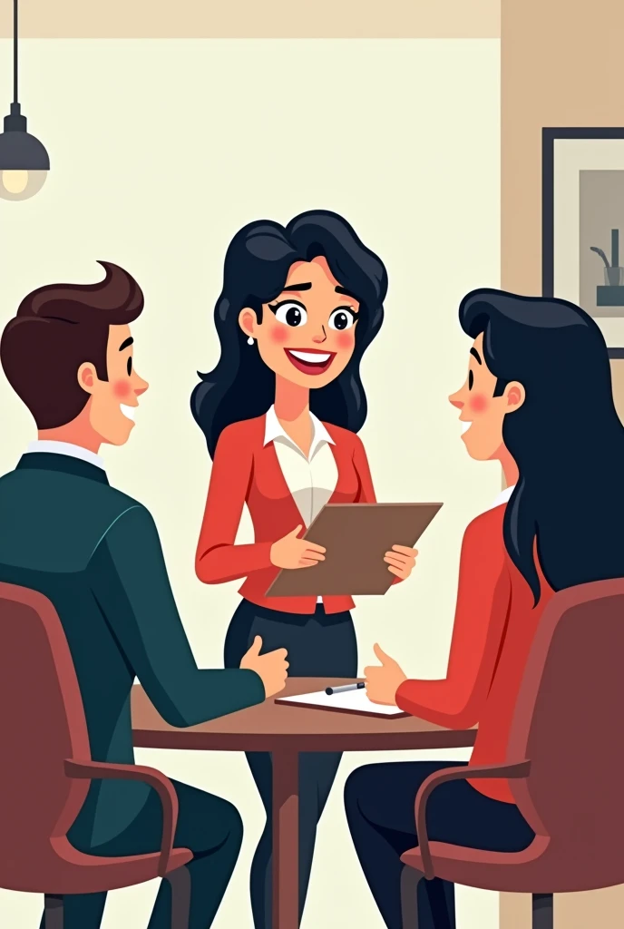 A woman interviewing 2 candidates; a men and a woman (Cartoon black hair)
