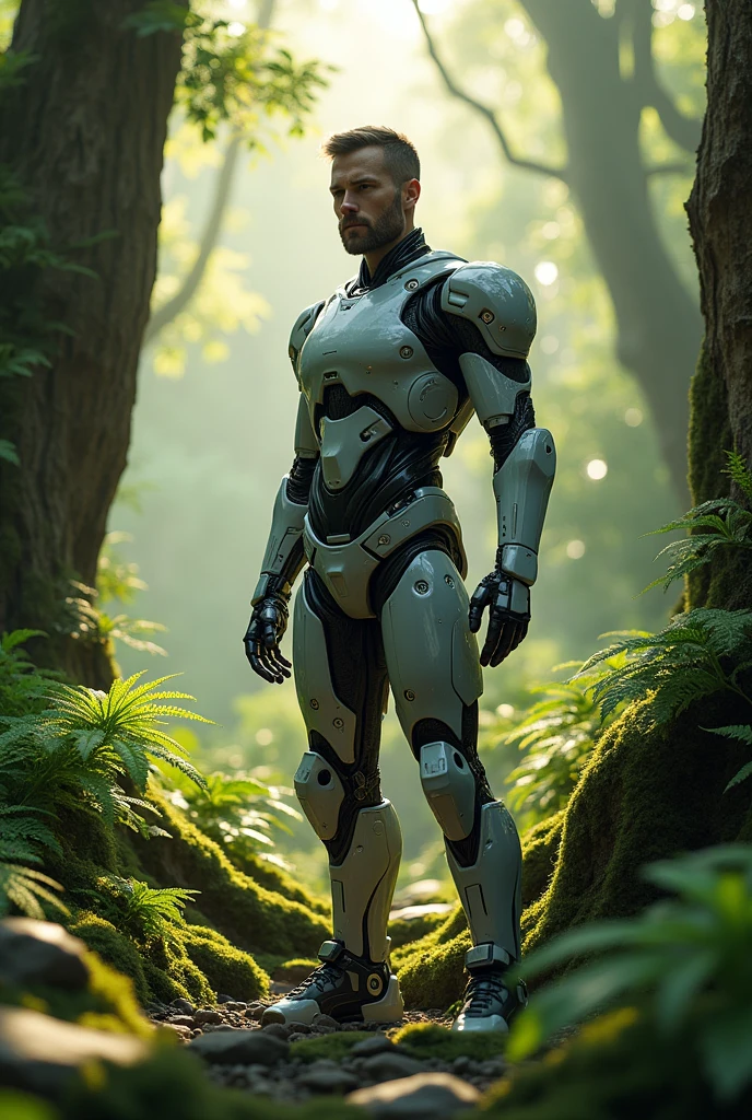 A man with robot custom and standing an forest 
