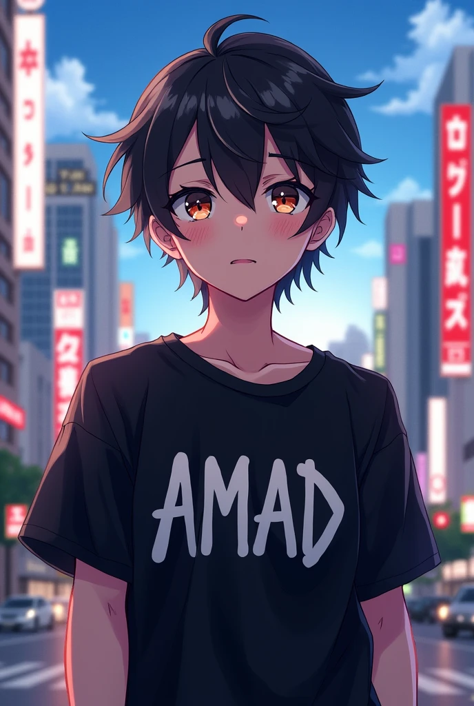 Anime character Mikey in black shirt on her shirt written AMAD in tokyo