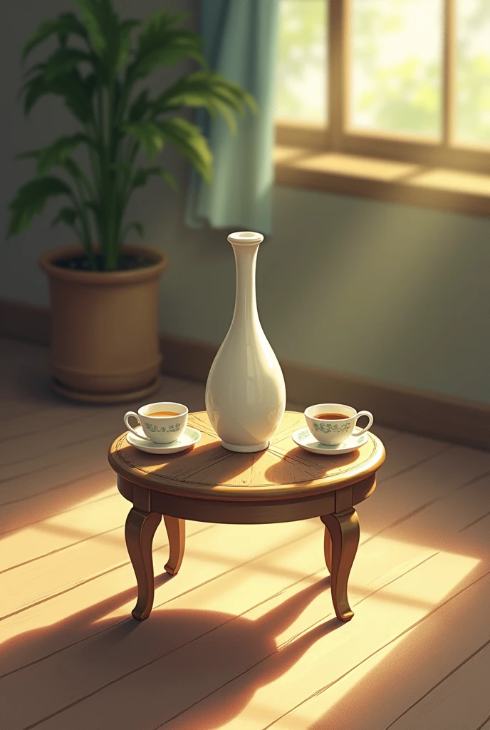 A bottle between two cups on a small table with four legs,ghibli