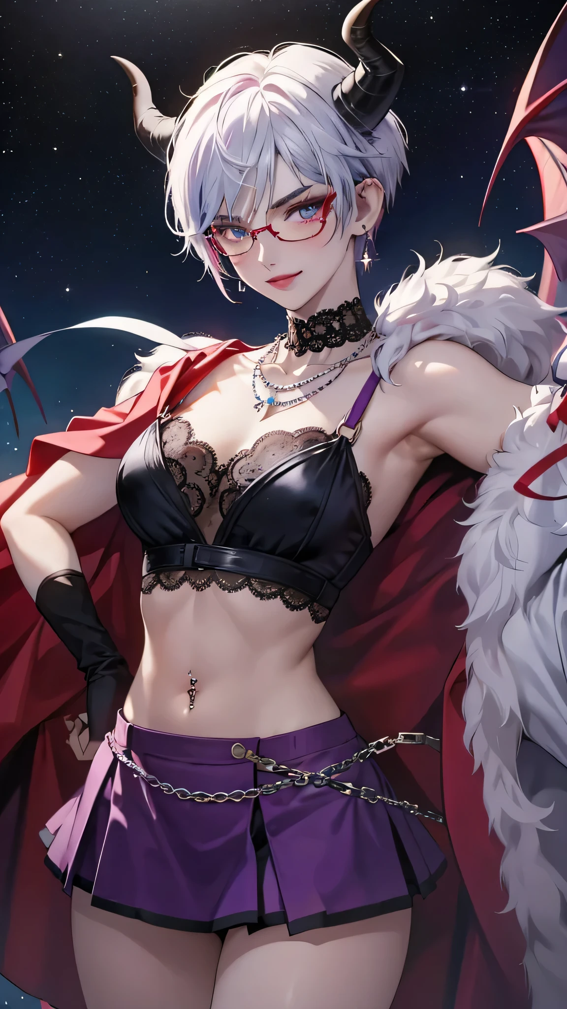 8k, masterpiece, best quality, highly detailed, 1 girl, tiefling, warlock, pixie cut, multicolored hair, very short straight hair red highlight hair on white hair, strippled hair, wearing glasses, round glasses, earrings, navel piercing, red eyeshadow, long eyelashes, blushed cheek, red lips, pearl necklace, rings, collarbone, mole on face, glamorous, teal and purple clothes, sleeveless, miniskirt, smirk, close up view, rings, looking at viewer, demon horns, solo, starry sky, pale blue moon, standing, boxing stance, demonic arms, chains on the background, black lace gloves.