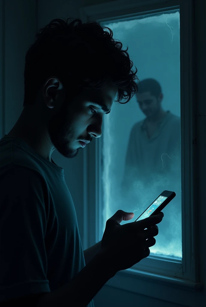 A shadowy, indistinct figure outside a window. The room is dark, with only the phone’s glow illuminating Rohan’s horrified face as he sees the figure.