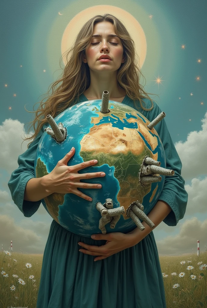 "A mother embracing the Earth, with numerous stabs in her back representing the various factors that harm the ozone layer."