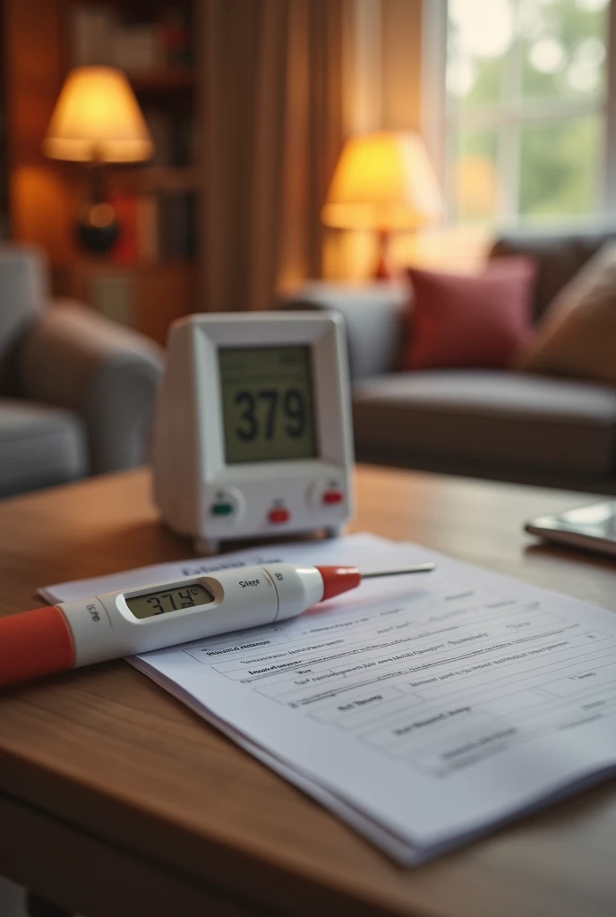 image of a thermometer with 37,9th fever to be sent along with the certificate, image background very homely at home