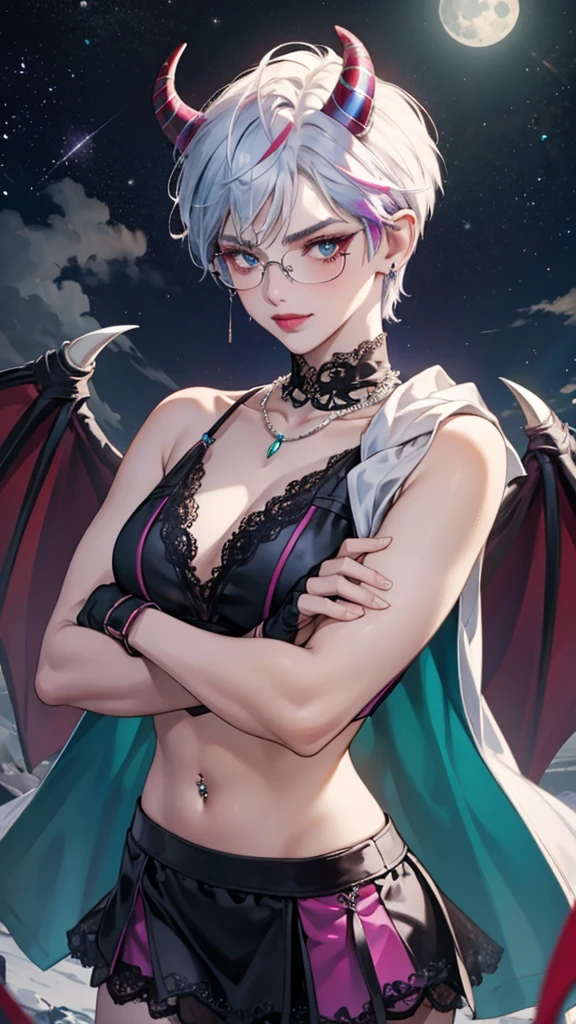 8k, masterpiece, best quality, highly detailed, 1 girl, tiefling, warlock, pixie cut, multicolored hair, very short straight hair red highlight hair on white hair, strippled hair, wearing glasses, round glasses, earrings, navel piercing, red eyeshadow, long eyelashes, blushed cheek, red lips, pearl necklace, rings, collarbone, mole on face, glamorous, teal and purple clothes, sleeveless, miniskirt, smirk, close up view, rings, looking at viewer, demon horns, solo, starry sky, pale blue moon, standing, boxing stance, demonic arms, chains on the background, black lace gloves, crossed arms.