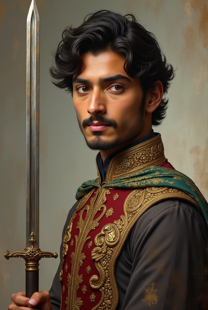 Create young Mir Jafar Ali Khan portrait photo with sword