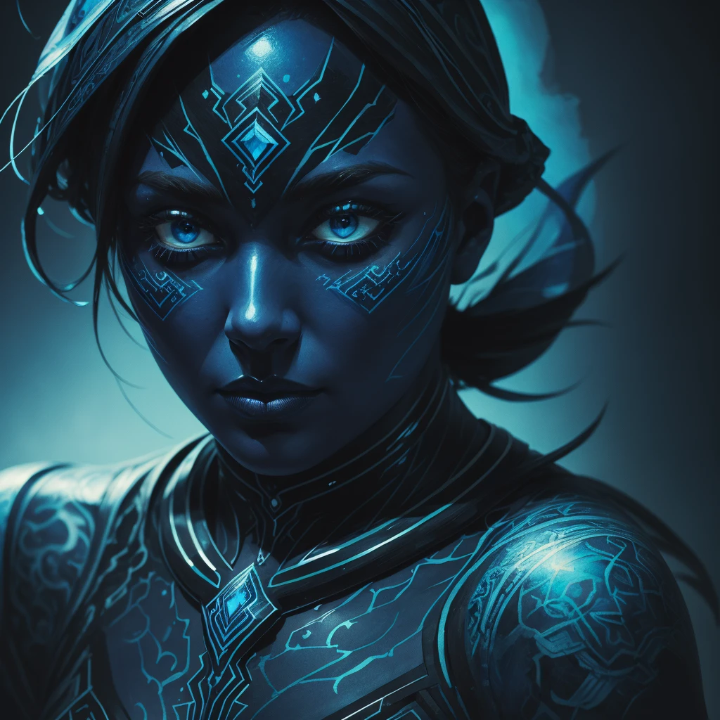 prompt: dark blue woman, clous-up, very close-up, dark cyan and indigo, random angle, gouache+ink+fine line drawing, extremely detailed, best quality, (Masterpiece:1.5), (best quality:1.5).