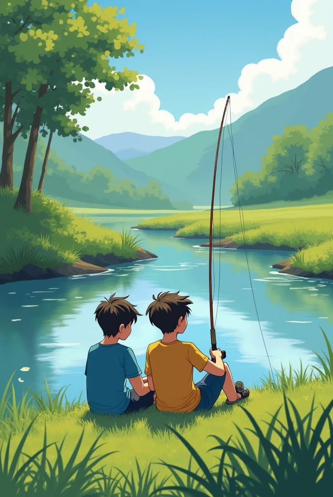Two agers lying sleepily fishing, each one has a fishing rod, they are on the edge of a stream and are lying down. They are two boys of about . They are both sitting straight on the ground, on a lawn.