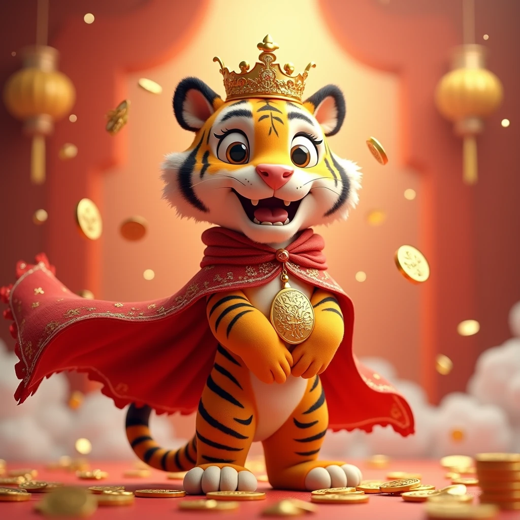 Hand-painted cartoon 3D zodiac tiger, A red cape with a crown and clothes studded with gold coins. Flying gold coins on the New Year background