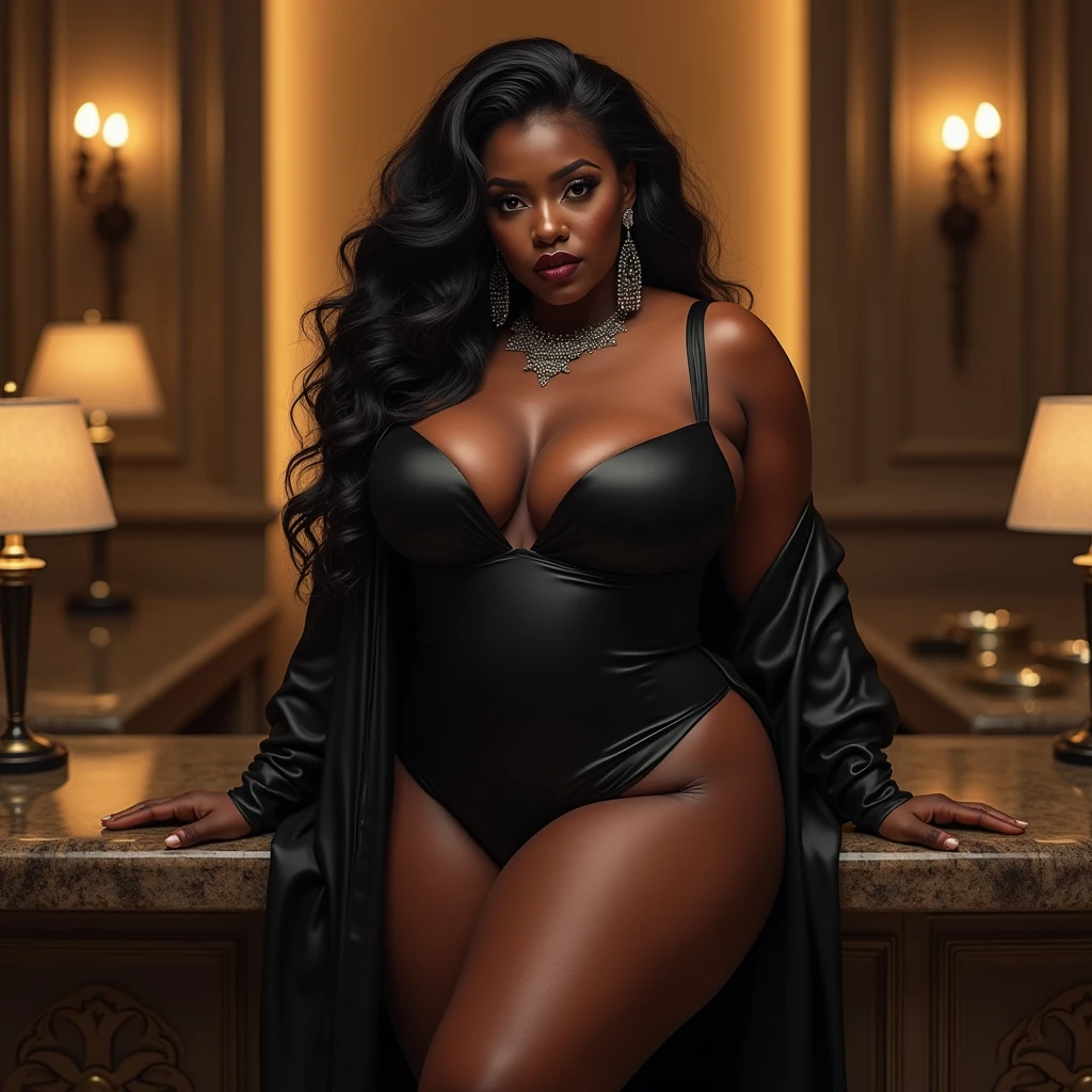 (photorealism:1.2),ebony plus-size bbw curvaceous dark chocolate skinned tone melanin woman with a commanding findom persona wearing sexy designer clothing such as dresses, lingerie, robes, bdsm style and Jewlery in a high-end luxury setting such as resorts, coffee shops, big city, restaurants, and spa exuding power and wealth showing the full body , long hair, short hair, bob hairstyle, wet and wavy hair