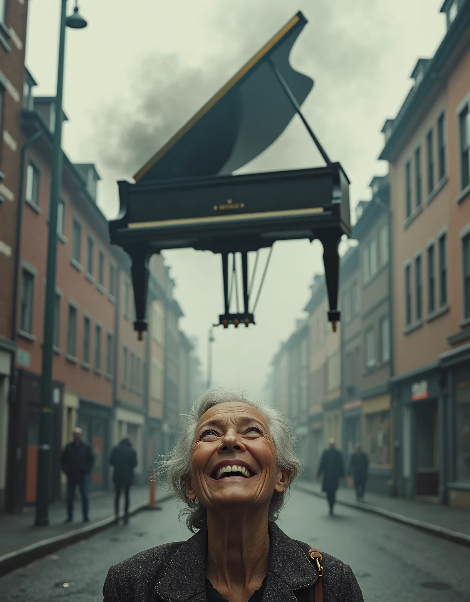 ((Last selfie. An elderly woman, smiling brightly, takes a selfie on a quiet city street, blissfully unaware of the imminent danger above her. Just behind her, a grand piano is plummeting from a great height, seconds away from crashing down. The piano is in mid-fall, casting a long shadow over the unsuspecting grandmother, with its polished wooden surface and dangling wires visible as it hurtles towards the ground. The woman’s joyful expression contrasts sharply with the impending disaster, creating a surreal and darkly humorous scene frozen in time just before calamity strikes. Oopps.)). (Suspended in the air between scene and the viewer, a translucent, almost ghostly black message reads exactly: "Last selfie!". The text appears as if it's floating, blurred at the edges, with the letters formed from a faint mist or dark black smoke that lingers in the space. The smoky words are readable, though not overly bright, hovering just in front of his gaze, creating a surreal yet powerful effect. Text exactly says: "Last selfie!". Text says: "Last selfie!". semi-transparent text that reads 'Last selfie!' in a dramatic, bold font. The text almost acts as a title, floating in the air, partially obscuring the scene but enhancing the overall tension and urgency of the moment.)