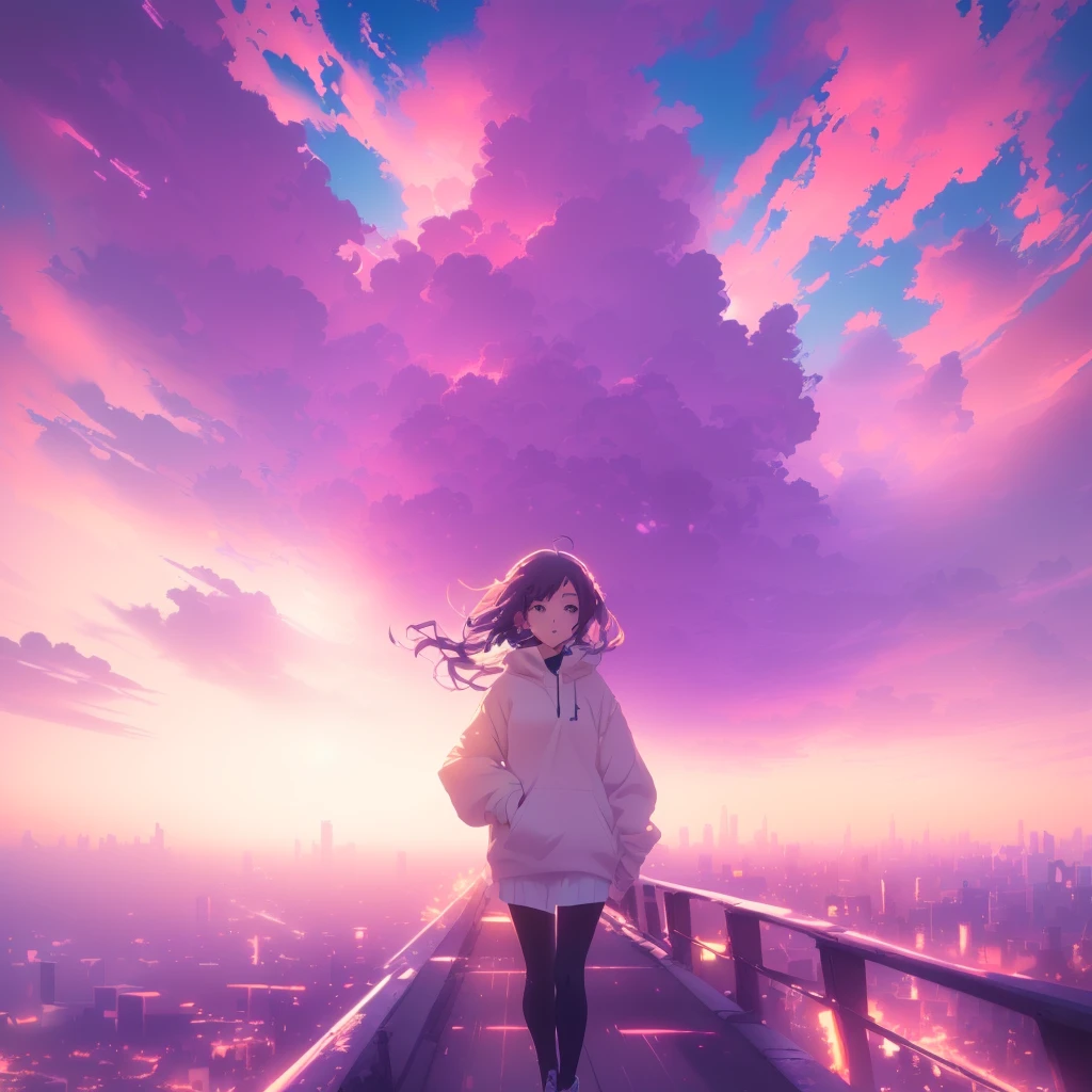 Anime girl walking on a bridge with the city in the background, anime art wallpaper 4k, anime art wallpaper 4k, Anime Art Wallpapers 8K, 4k anime wallpaper, Makoto Shinkai Cyril Rolland, anime wallpaper 4k, anime wallpaper 4k, 4K Manga Wallpapers, Anime Style 4k, Awesome Wallpapers, Anime Sky, Girl Cloud
