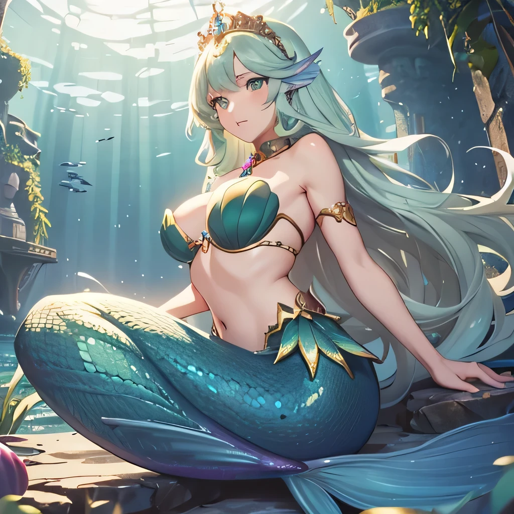 4k,hight resolution,One Woman,gold Long hair,mermaid,Green scales,large breasts,Little Mermaid,Seashell bra,Princess Tiara,Pearl decoration,jewel decorations,Undersea background,under the water