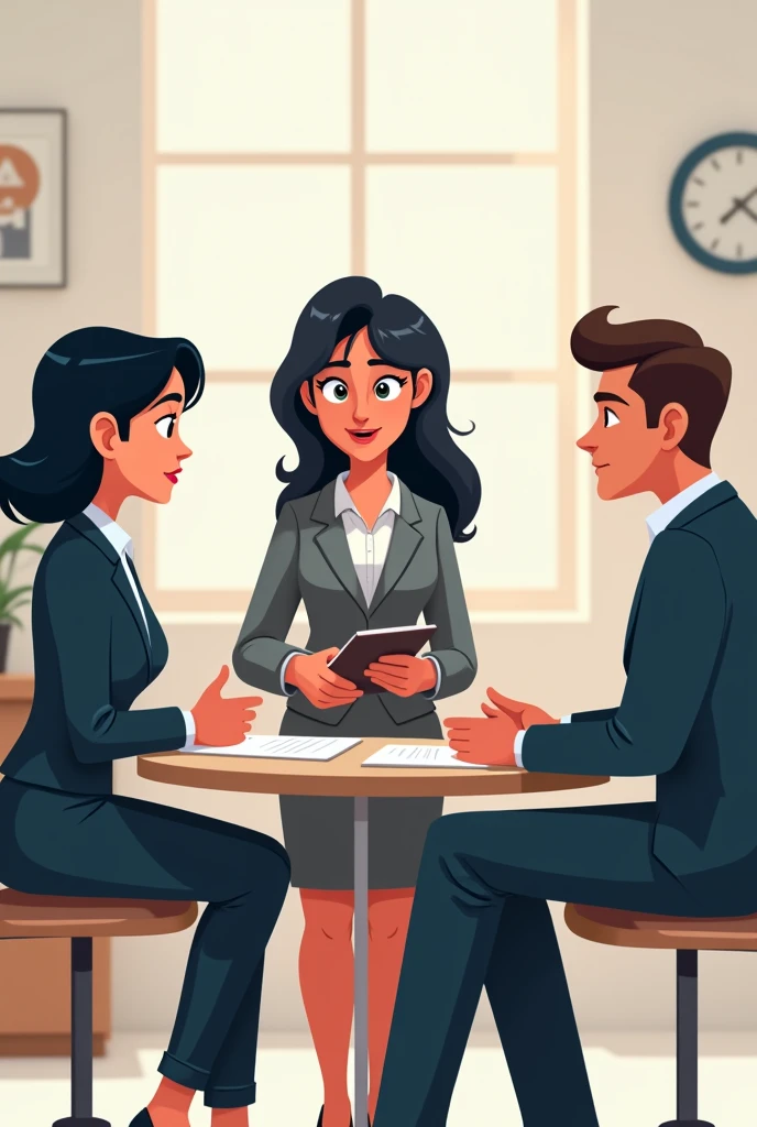 A woman interviewing 2 candidates; a men and a woman (Cartoon black hair)