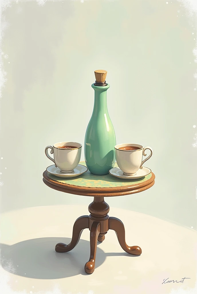 A bottle between two cups on a small table with four legs,anime