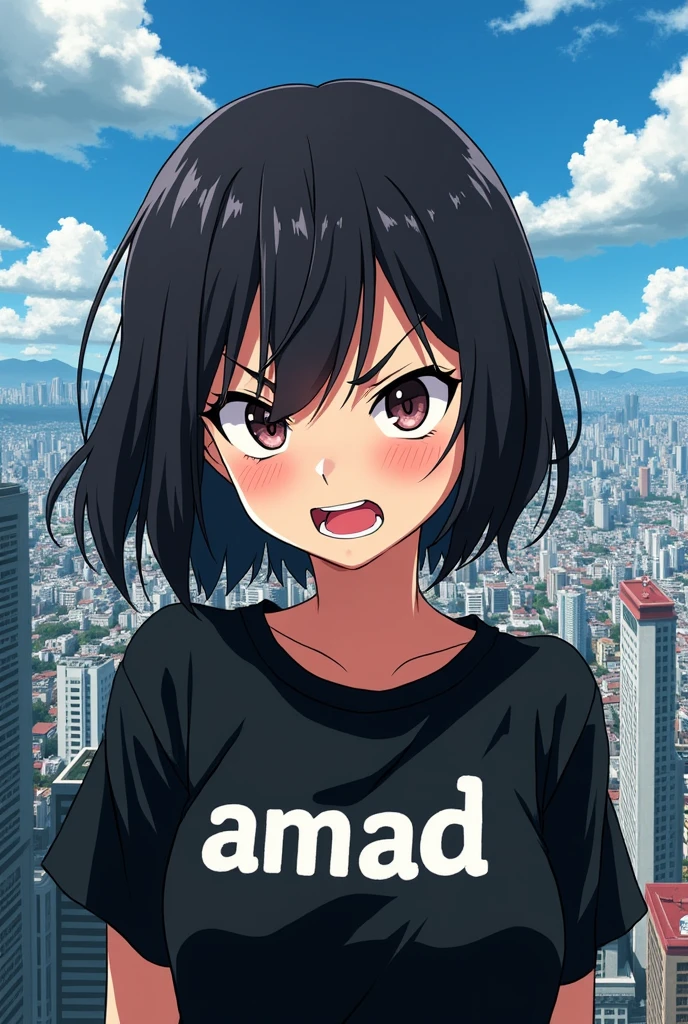 Anime character angery Mikey in black shirt on her shirt written AMAD in tokyo