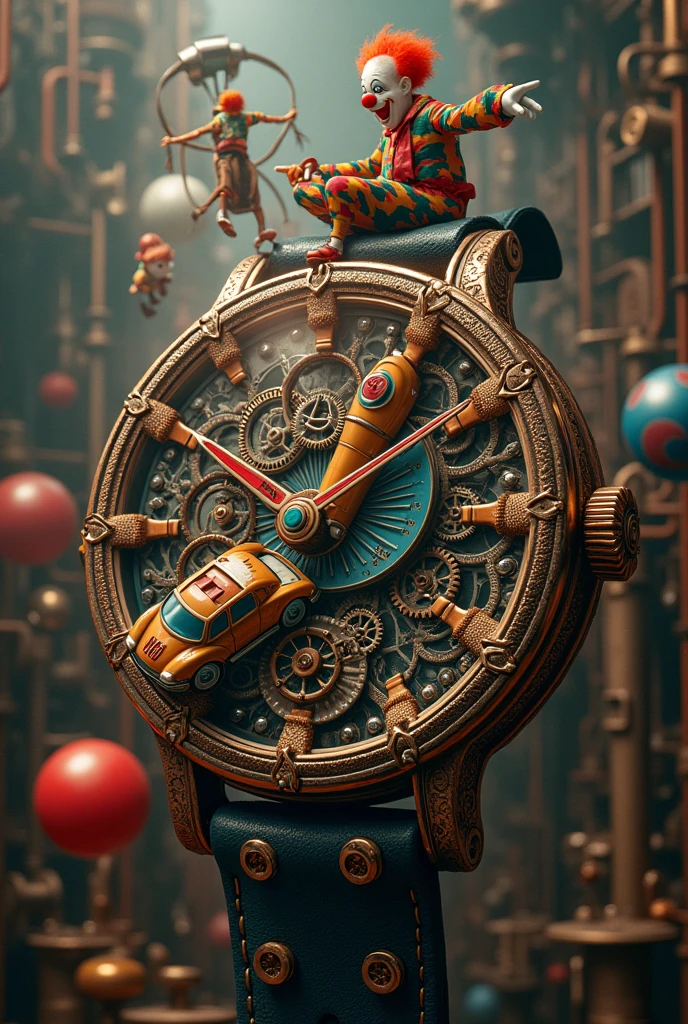 a clown riding a ferris wheel, a car, and a slide, steampunk mechanical watch design, intricate gears and machinery, (best quality,4k,8k,highres,masterpiece:1.2),ultra-detailed,(realistic,photorealistic,photo-realistic:1.37),detailed gears,cogs,pistons, steam punk, rusty metal, bronze, (cinematic lighting:1.2), dramatic shadows, warm color palette, ornate watch face, complex mechanisms, (intricate details:1.4), industrial, mechanical