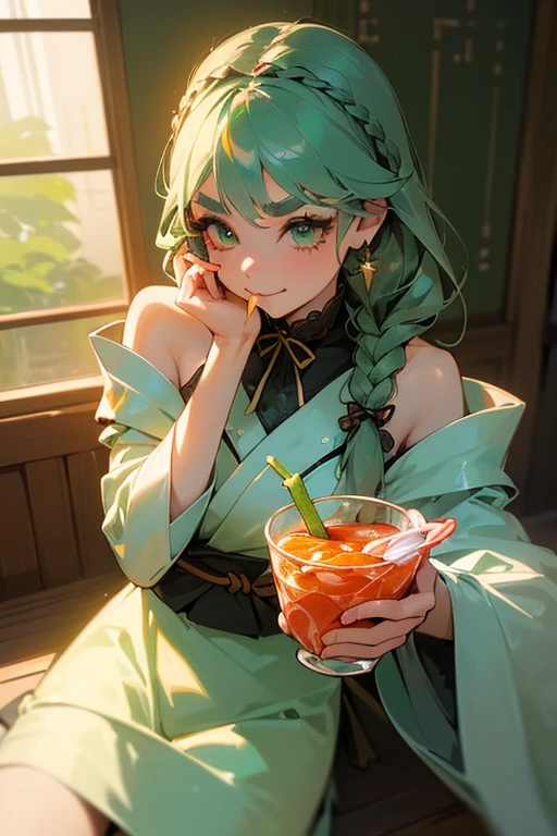 ((Highest quality, masterpiece:1.2), High resolution, Very detailed, Realistic:1.37, Fantasy, An illustration, Green Eyes、Queen, Platinum decoration、beautifully、Eyeshadow Red、Thick eyebrows、Long eyelashes、pupils are black、Her hair is light green、Embarrassing、people々々々々々々々々Loved by、Shoulder Bare、Braiding、((Swimwear)).(Save face image),((Drink a drink)).(smile)、((Eat sushi)).
