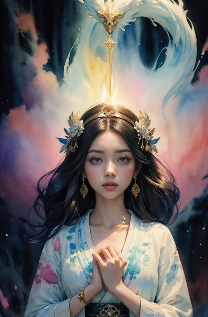 (Tabletop, Highest qualityの, Highest quality, Official Art, (beautifully、aesthetic:1.4), (Watercolor:1.4) ), (Izanami 1.5), 日本のgod話の女god, Majestic beauty, 創造の女god、生命の女god、Typically、((((Typically))))、Reincarnation Support, god'Grace, Gentle and meditative expressions, Flowing, celestial garments, Shine、Created all the landscapes and worlds on Earth, A dazzling dance of light, Whispers of Ancient Legends