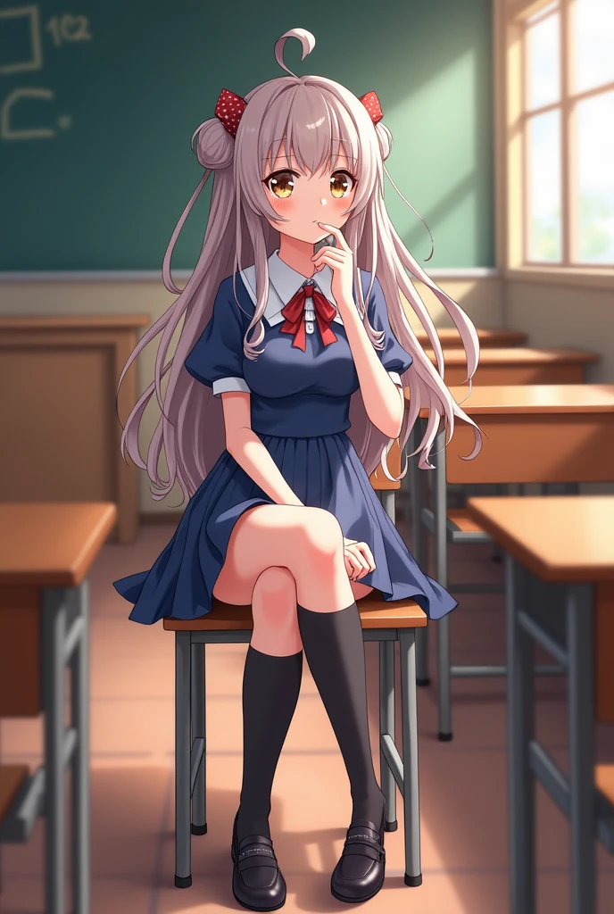 Anime girl sitting on a chair in a classroom with her legs crossed ...
