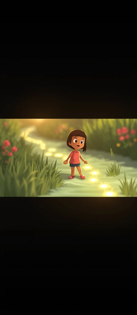 One sunny afternoon, while playing near a bubbling brook, she noticed something unusual—a trail of sparkling footprints leading towards the meadow.

Show Margo playing near a clear, bubbling brook. The focus should be on a trail of sparkling, glowing footprints leading away towards a bright and open meadow in the distance.