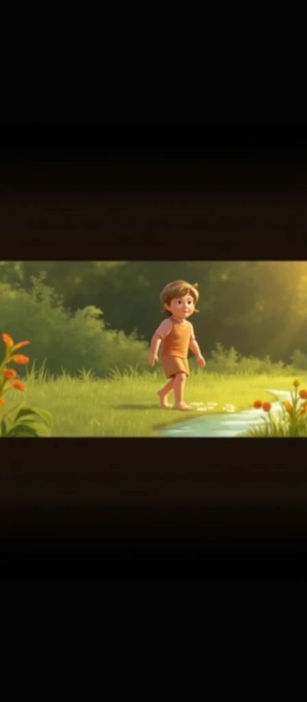 One sunny afternoon, while playing near a bubbling brook, she noticed something unusual—a trail of sparkling footprints leading towards the meadow.
Show Margo playing near a clear, bubbling brook. The focus should be on a trail of sparkling, glowing footprints leading away towards a bright and open meadow in the distance.