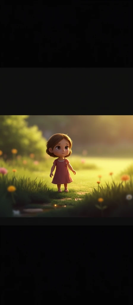 One sunny afternoon, while playing near a bubbling brook, she noticed something unusual—a trail of sparkling footprints leading towards the meadow.
Show Margo playing near a clear, bubbling brook. The focus should be on a trail of sparkling, glowing footprints leading away towards a bright and open meadow in the distance.