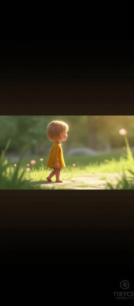 One sunny afternoon, while playing near a bubbling brook, she noticed something unusual—a trail of sparkling footprints leading towards the meadow.
Show Margo playing near a clear, bubbling brook. The focus should be on a trail of sparkling, glowing footprints leading away towards a bright and open meadow in the distance.