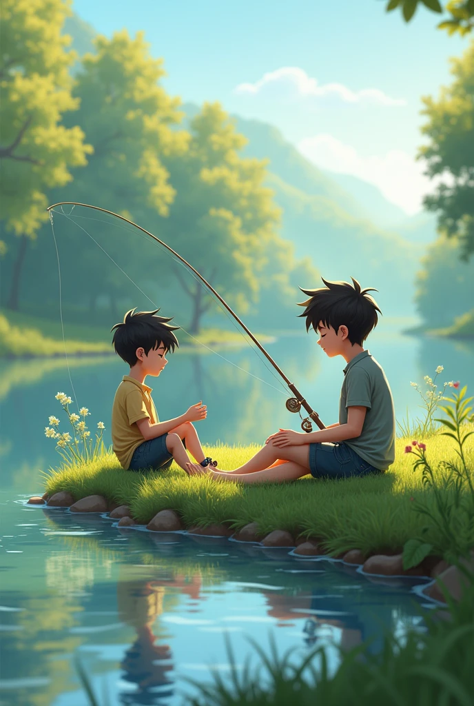 Two teenagers lying sleepily fishing, each one has a fishing rod, they are on the edge of a stream and are lying down. They are two boys of about . They are both sitting straight on the ground, on a lawn.