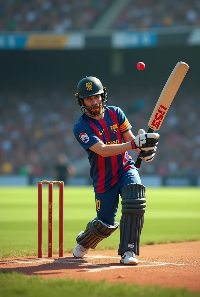 Messi is bating the small cricket ball with the bat