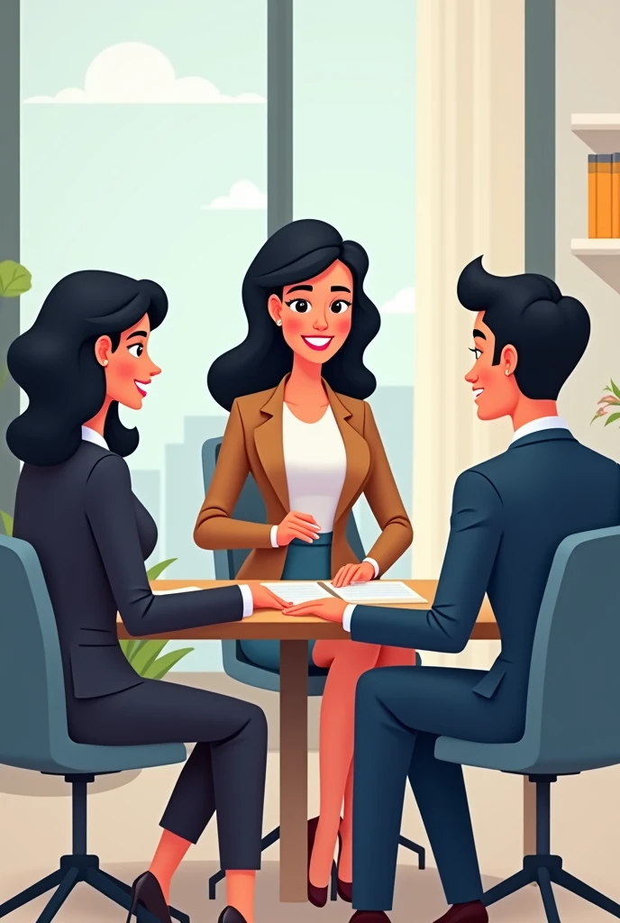 A woman interviewing 2 candidates; a men and a woman (Cartoon black hair)