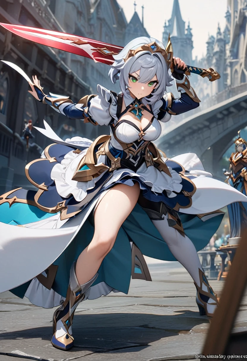 masterpiece, Highest quality, figure, Fighting Pose, One girl, Noel Genshin Impact, Silver short hair, Green Eyes, Maid skirt with red side parts, Maid Knight, Maid Knight armor, City Bridge, sword、