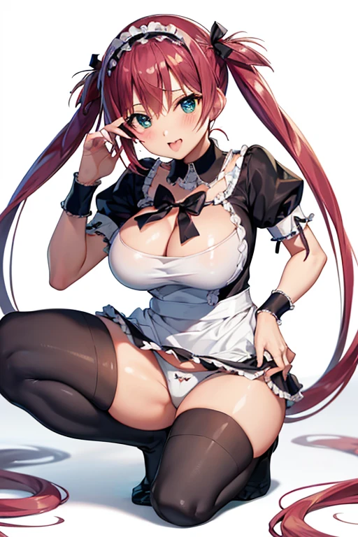 Tabletop, Highest quality, Airlive 4, One Girl, alone, blush, Thighs Thighs Thighs Thighs, (Black knee socks:1.3), apron, zettai ryouiki, maid, maidの頭飾り,Naughty big、Big ample breasts、Cleavage、Wrist cuff, (Perfect hands, Perfect Anatomy)、(White panties:1.3)、(Full-fledged panties:1.5)、Laughing with your mouth open、(squat:1.3)