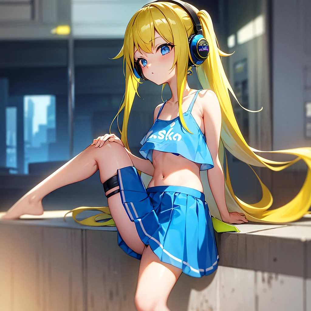 best quality, masterpiece, 1 girl, yellow hair, Blue eyes, splatoon, Highly transparent picture, medium breasts, short, blue headphones, white frilled crop tops, off shoulder, bare shoulder, blue short skirt, mini skirt, long hair, full body, sitting, bench, looking down, side view, yellow ink, night, city, delicate、、outside, Thick legs、navel, short sleeve, blue sneaker,