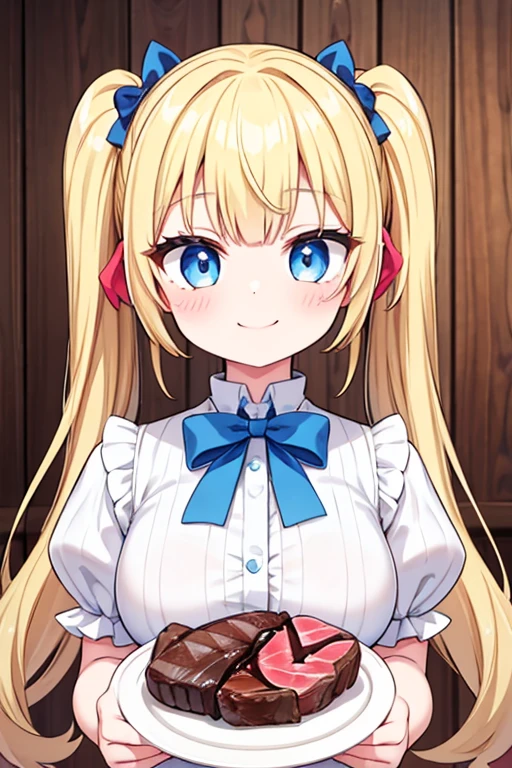 A happy smile,Large serving of beef steaks,large amount of steak,T-born steak,Highest quality,Blonde with blue eyes、Lolita、Small breasts、Twin tails、girl&#39;enjoy,smile,bonnet,