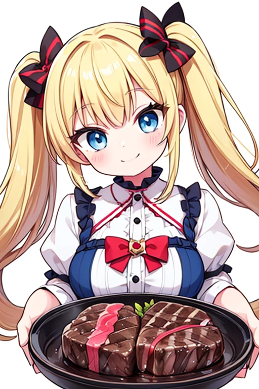 A happy smile,Large serving of beef steaks,large amount of steak,T-born steak,Highest quality,Blonde with blue eyes、ta、Small breasts、Twin tails、girl&#39;enjoy,smile,bonnet,