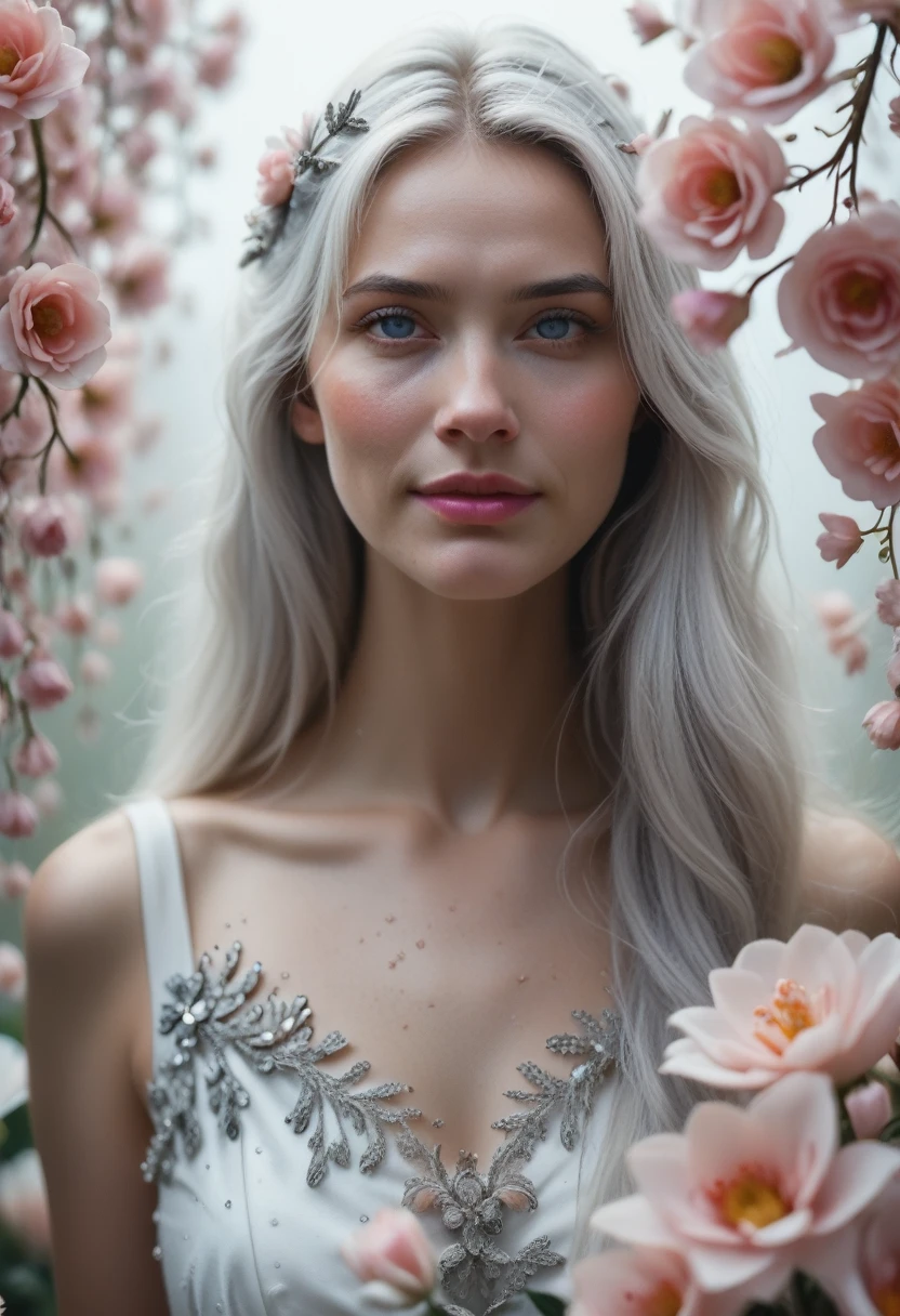 Masterpiece, Superb Piece, Daytime, Outdoor, Falling Flowers, White Dress, 1 Girl, Perfect Woman, Silver and White Long Haired Woman, Gray Blue Eyes, Pale Pink Lips, Cold, Serious, Bang, Purple Eyes, White Clothes, Black Clothing Lines, Delicate Face, Exquisite Face, Standing Bow, Tassels, Happiness Knot, Smile