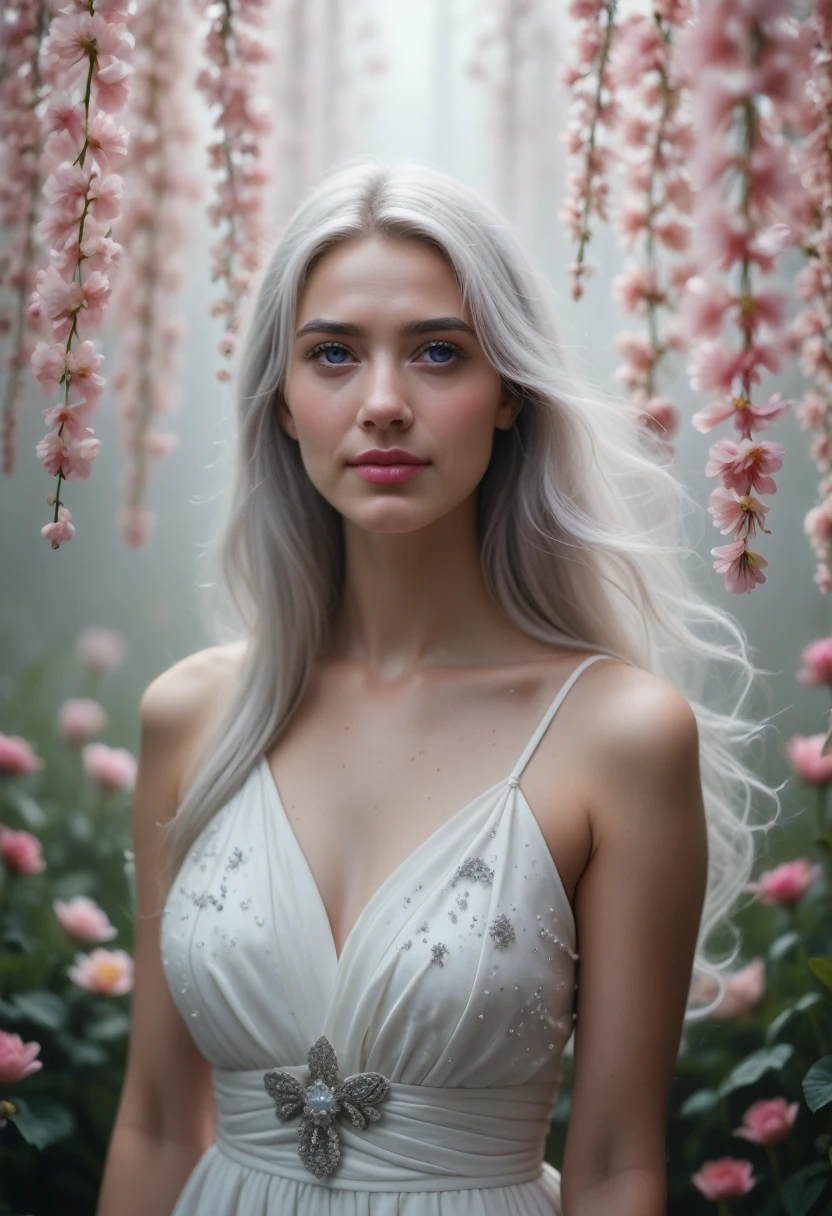 Masterpiece, Superb Piece, Daytime, Outdoor, Falling Flowers, White Dress, 1 Girl, Perfect Woman, Silver and White Long Haired Woman, Gray Blue Eyes, Pale Pink Lips, Cold, Serious, Bang, Purple Eyes, White Clothes, Black Clothing Lines, Delicate Face, Exquisite Face, Standing Bow, Tassels, Happiness Knot, Smile