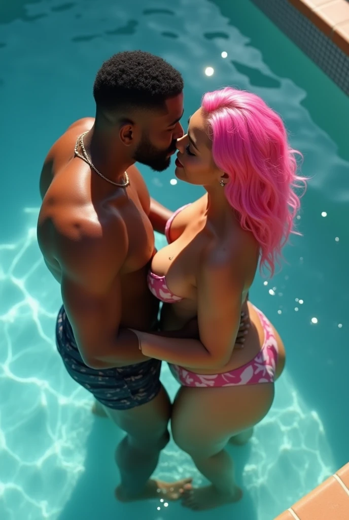 High ANGLE POV of a guy is Fucking curvy tan black girl with pink hair and big ass and nice tan lines with his big penis behind her F*cking her Phat big juicy ass Doggystyle in pool
