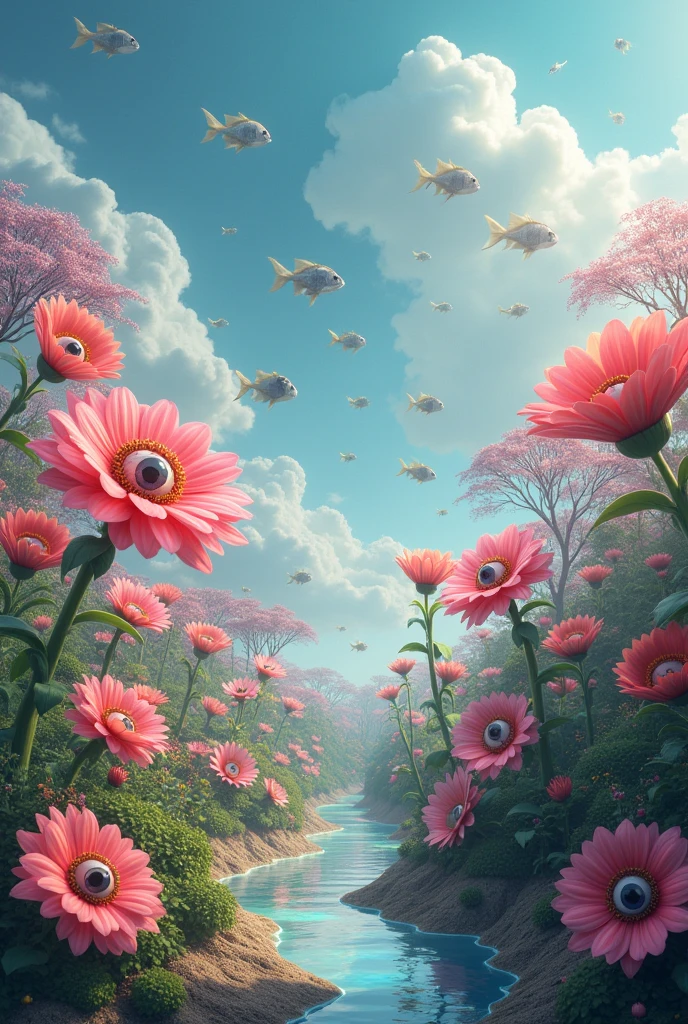 A Garden of Floating Eyes: A tranquil garden filled with flowers that have floating, blinking eyes at their centers. The sky above is an ocean of clouds, with fish swimming through them, and the garden paths are made of soft, glowing light.