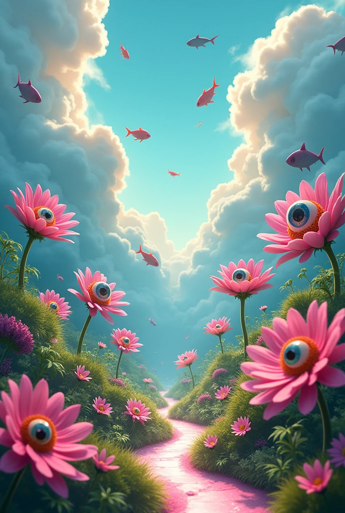 A Garden of Floating Eyes: A tranquil garden filled with flowers that have floating, blinking eyes at their centers. The sky above is an ocean of clouds, with fish swimming through them, and the garden paths are made of soft, glowing light.