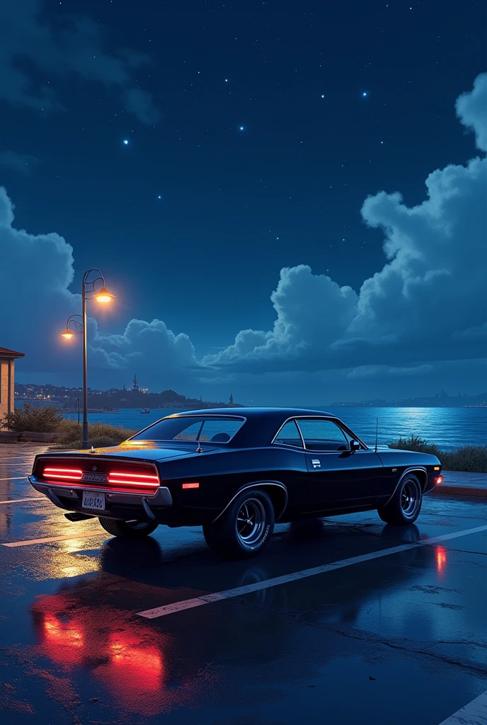 Prompt**: A meticulously drawn animation-style image set in a nighttime harbor. The scene features a vivid night view with a calm sea and a beautiful starry sky above filled with numerous twinkling stars. The wet road surface, reflecting light after the rain, adds to the ambiance. In the pier's parking lot, an old Dodge Challenger with a shiny black body is quietly parked, its taillights glowing softly. The car is rendered with intricate detail, and the entire composition is in high-quality 8K.