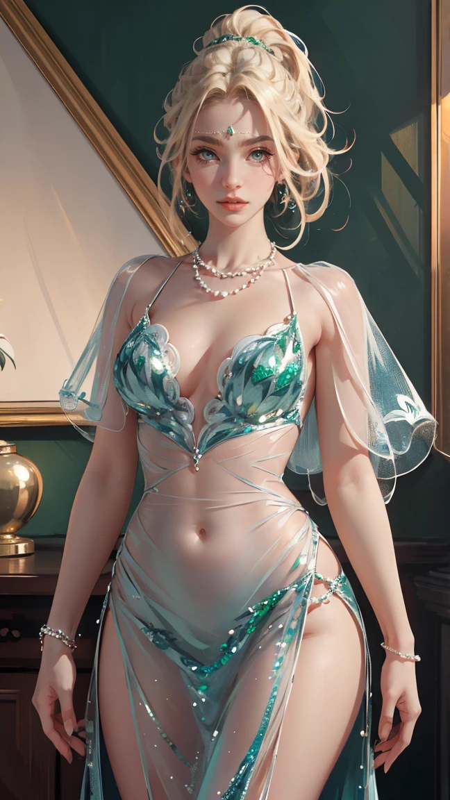 (((masterpiece, super high resolution, ultra HD, 8K quality))), (((woman in Platinum green colored evening dress))), (((See-through revealing dress))), (((blonde pony tail hair, wave hair))), (((beautiful sparkling blue eyes, pupils with highlights))), ((long bangs)), pink lips, sexy expression, ((highly detailed)), (perfectly detailed face), (detailed and carefully drawn hands), (((very Big , cute smile))), photorealistic image, silver tiara and earrings, pearl necklace, jade bangle, diamond ring, Beautiful figure from the knees up, standing, beautiful pose