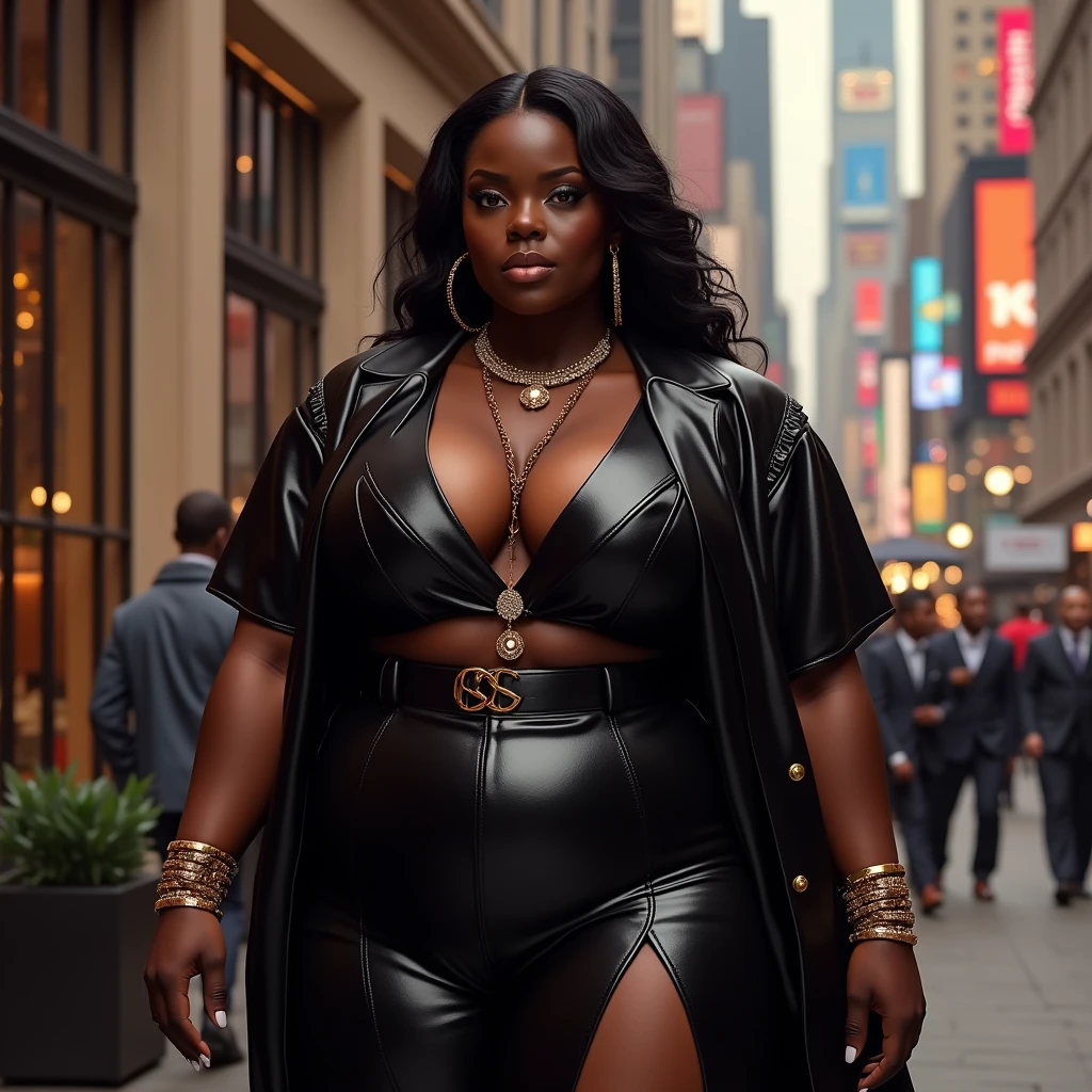 (photorealism:1.2), ultra high resolution cyber realistic ebony plus-size bbw curvaceous dark chocolate skinned tone melanin woman with a commanding findom persona wearing sexy designer clothing , and Jewlery in a high-end luxury setting , big city, exuding power and wealth showing the full body , long hair, short hair, bob hairstyle, wet and wavy hair